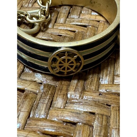 Vintage 80's Open Cuff Nautical Bracelet Gold Tone And Bluem Enamel - Picture 4 of 12
